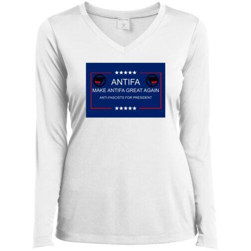 738-7316-107814974 White v-neck tee featuring "Make Antifa Great Again" graphic, with stars and antifascist symbols, perfect anti-fascist protest apparel.