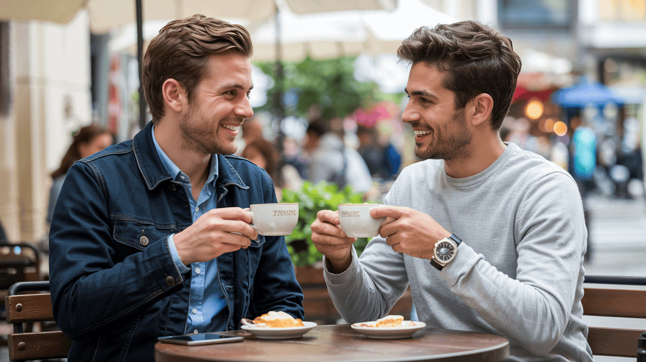 Two men enjoying a safe and positive first date in a public coffee shop, highlighting successful safe online dating practices