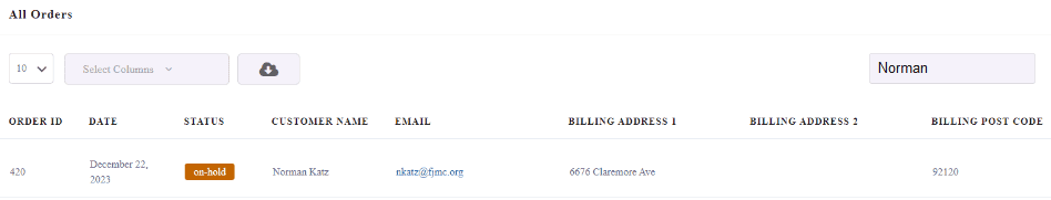 result getting billing and shipping information in all orders form