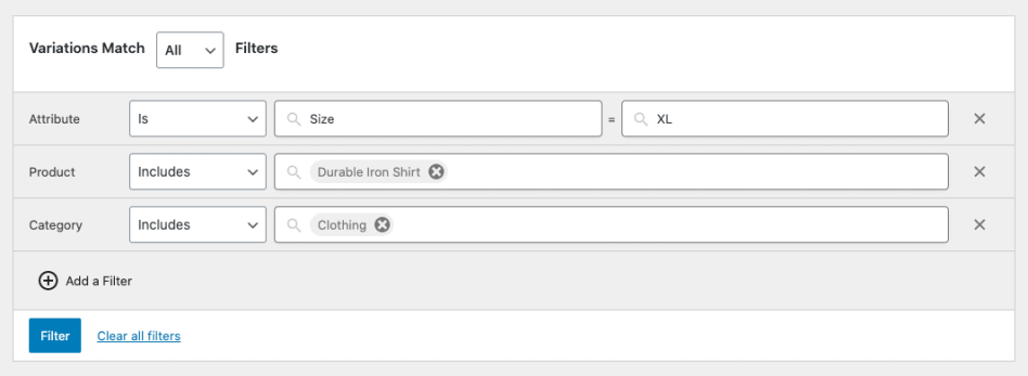 variations match section in report WooCommerce