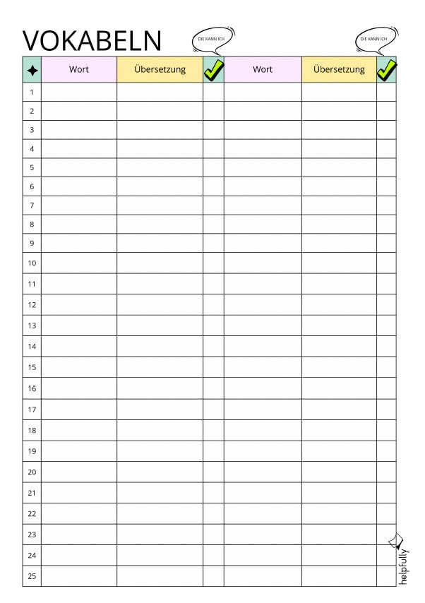 Vokabel-Liste zum Üben von Vokabeln mit Checkliste zum Ausdrucken