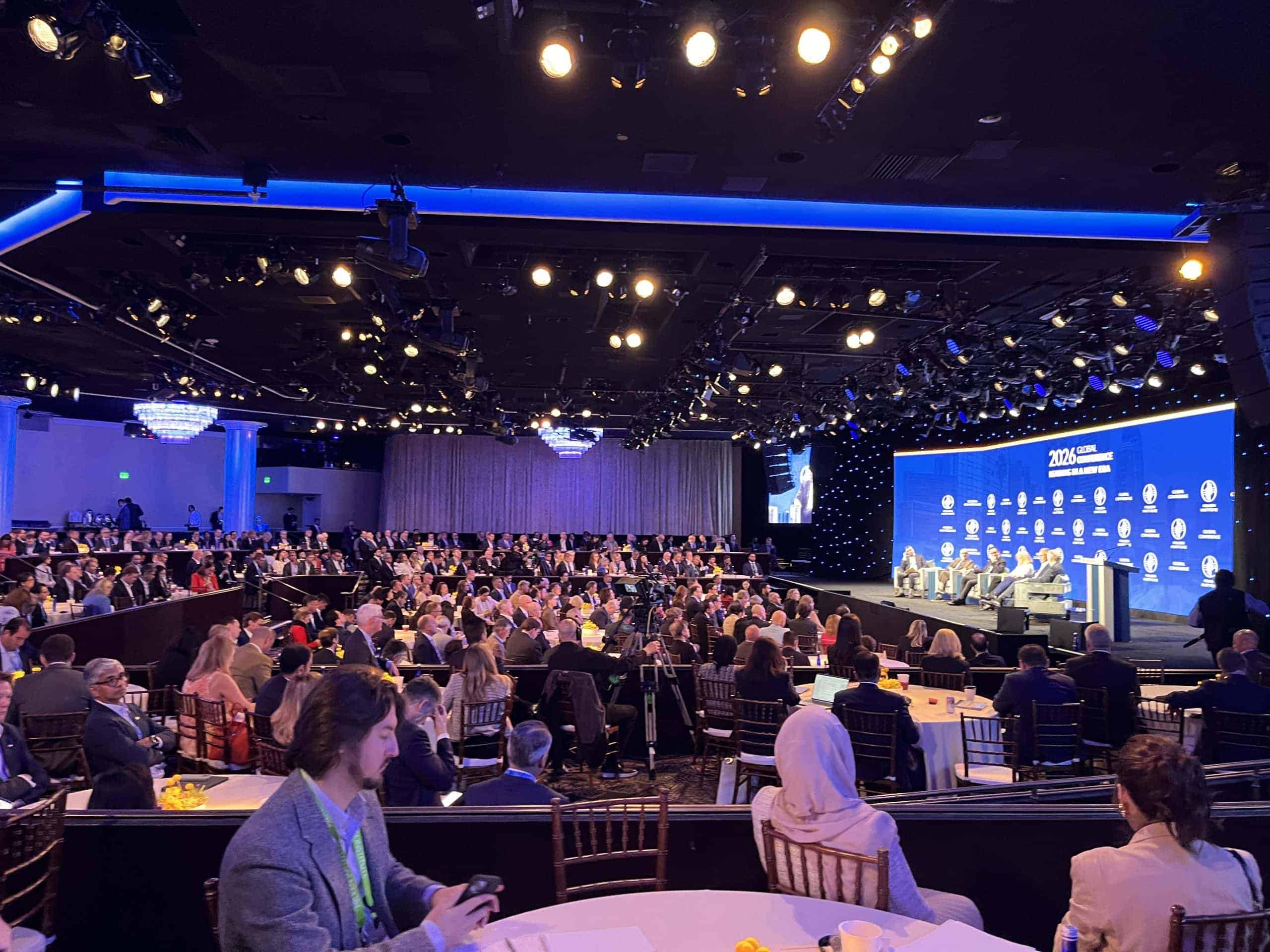Attendees listen to panelists during a Milken Global Conference session at The Beverly Hilton in Beverly Hills.