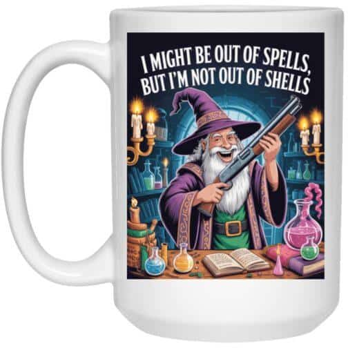 redirect10032025121005 Wizard with shotgun mug: "Out of spells, not out of shells!" Funny D&D coffee cup for RPG fans. Black ceramic, 15oz. A unique, geeky gamer gift!