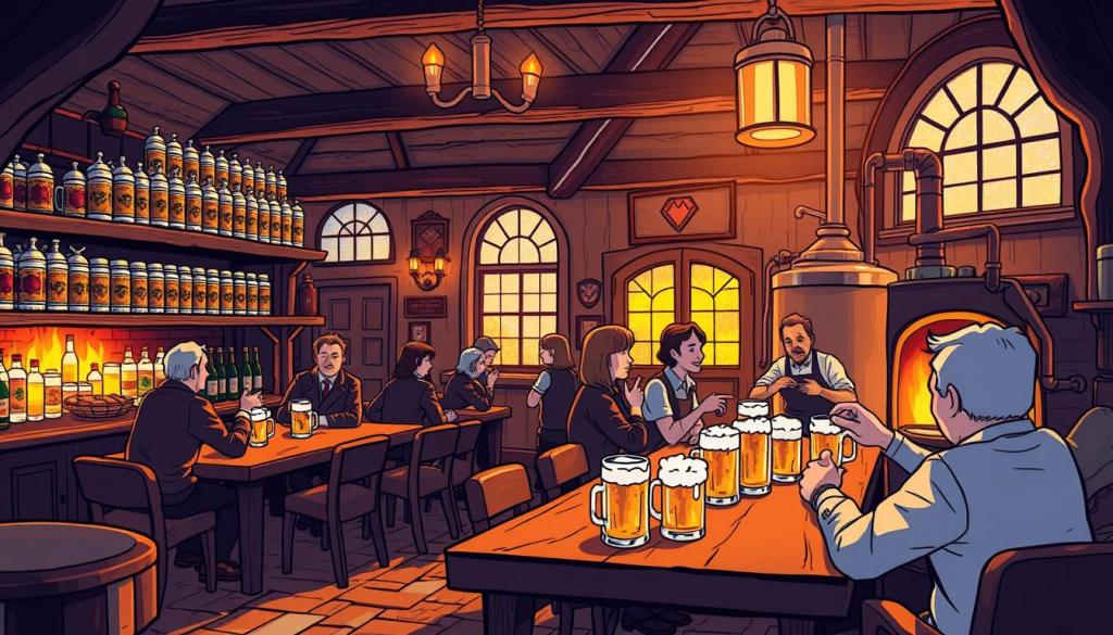 A cozy, traditional Bavarian Braustüb'l nestled in a picturesque village, the warm glow of candlelight and fireplace illuminating the rustic wooden interior. Rows of polished beer steins line the shelves, casting a gentle amber hue across the room. The aroma of freshly brewed lager permeates the air, mingling with the scent of roasted malts and hops. A group of locals gathered around a long, communal table, engaging in lively conversation over frothy mugs of the house-made brew. Soft, golden light filters through leaded glass windows, casting a welcoming ambiance as a master brewer meticulously tends to the copper brewing kettles, ensuring the perfect balance of flavors. This is Braustüb'l, where beer and community converge, a living embodiment of Bavarian tradition and the deeply rooted connection between people, land, and the art of brewing. A cozy, traditional Bavarian Braustüb'l nestled in a picturesque village, the warm glow of candlelight and fireplace illuminating the rustic wooden interior. Rows of polished beer steins line the shelves, casting a gentle amber hue across the room. The aroma of freshly brewed lager permeates the air, mingling with the scent of roasted malts and hops. A group of locals gathered around a long, communal table, engaging in lively conversation over frothy mugs of the house-made brew. Soft, golden light filters through leaded glass windows, casting a welcoming ambiance as a master brewer meticulously tends to the copper brewing kettles, ensuring the perfect balance of flavors. This is Braustüb'l, where beer and community converge, a living embodiment of Bavarian tradition and the deeply rooted connection between people, land, and the art of brewing.