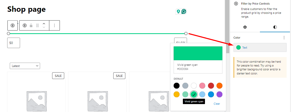 Change color slider block in WooCommerce shop page