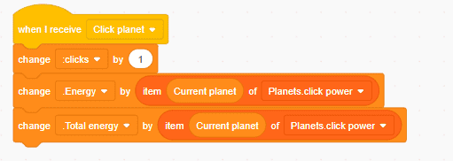 Scratch code increasing click count and energy values when the โClick planetโ message is received