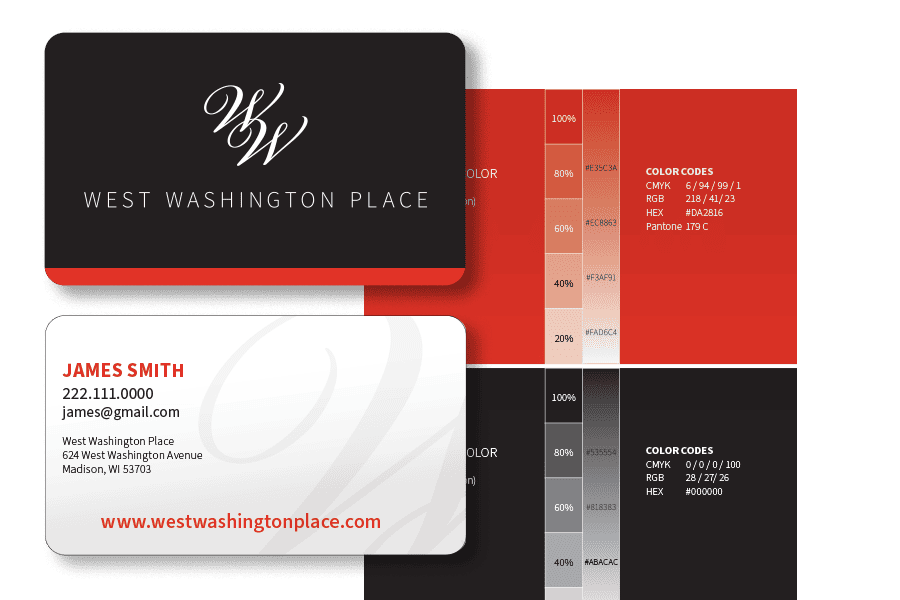 West Washington Place business card designs with brand colors and hex codes in red, black, and gray
