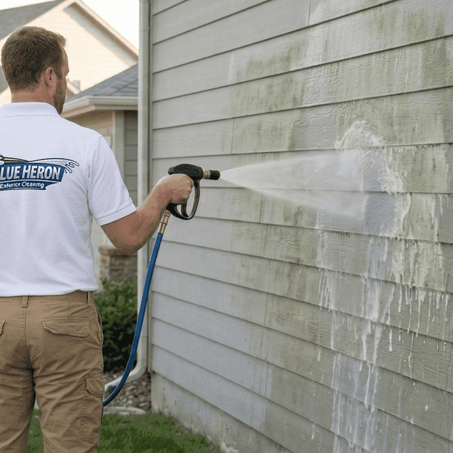A professional technician from Blue Heron Exterior Cleaning soft washing mold and biological growth off the grey horizontal siding of a residential house. The technician is wearing a branded white shirt.