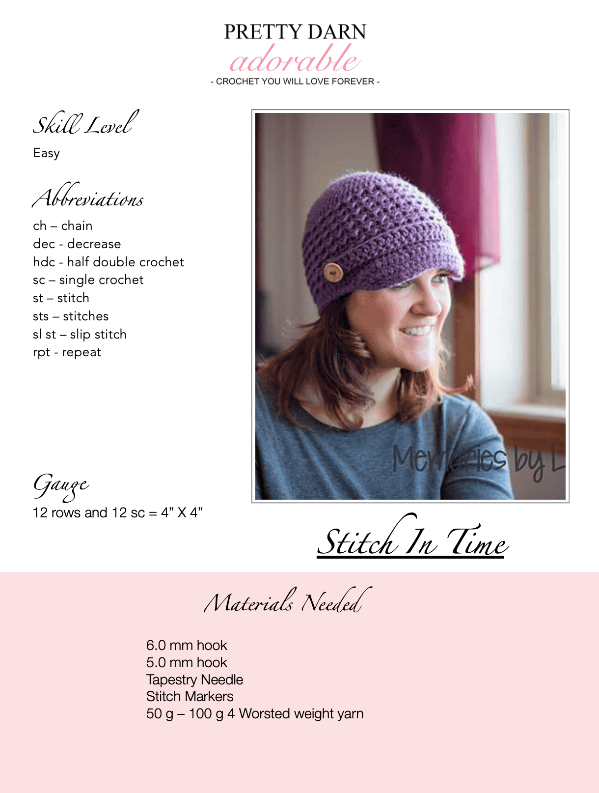 A woman wearing a purple crocheted hat with a wooden button on the side smiles while looking out a window. Text on the image shares a free crochet newsboy pattern, skill level, abbreviations, gauge, and materials needed.