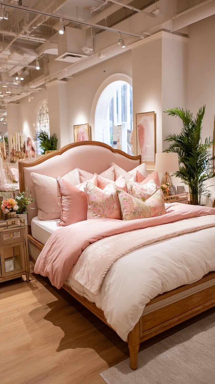 Beautifully styled bedding in a mattress showroom.