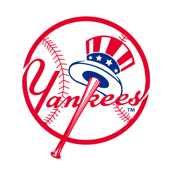 The New York Yankees logo featuring a baseball bat with a top hat, the word "Yankees," and a partial baseball outline in red, white, and blue.