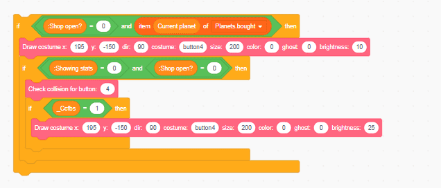 Scratch code drawing a shop button, checking collisions, and changing button appearance based on stats and shop state