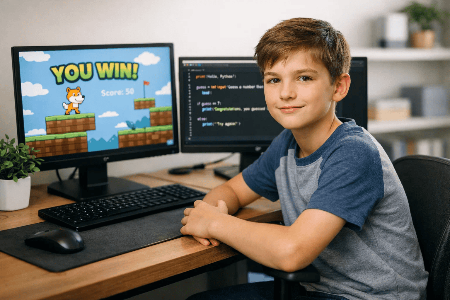 Child at desk transitioning from Scratch to Python coding, showing both projects on two screens