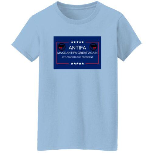 1054-13146-107815053 "Make Antifa Great Again" t-shirt. Light blue cotton tee with a bold graphic print—a political statement shirt for women activists.