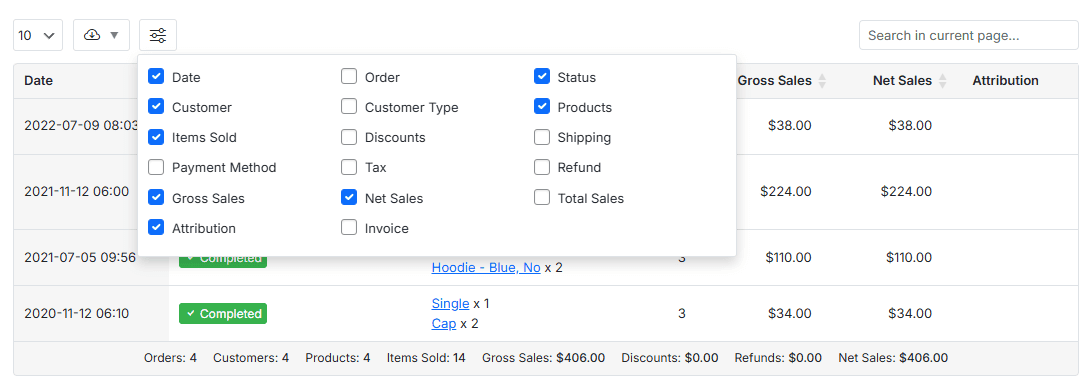 Customize report coulmns