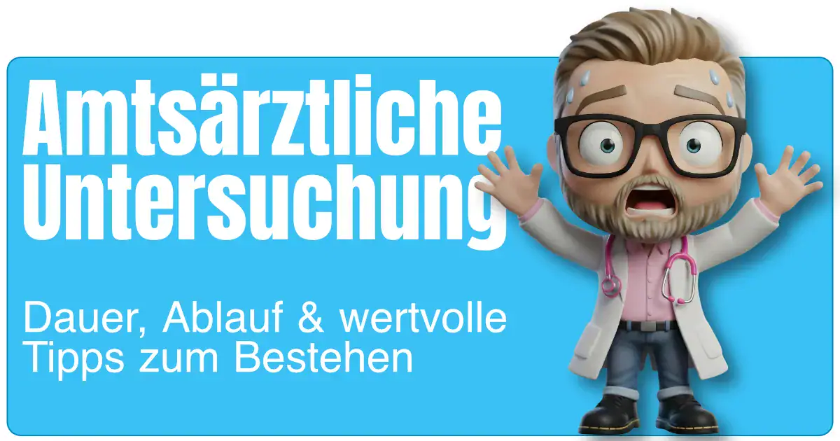Beitragsbild zum Artikel: Amtsärztliche Untersuchung. Auf dem Beitragsbild ist Sven von fairbeamtet.de - als Funko Pop ähnliches Maskottchen - dargestellt. Er trägt einen Arztkittel und man sieht ihm die pure Panik an. Hinter ihm ein blauer Kasten. Mit weißer Schrift steht geschrieben: