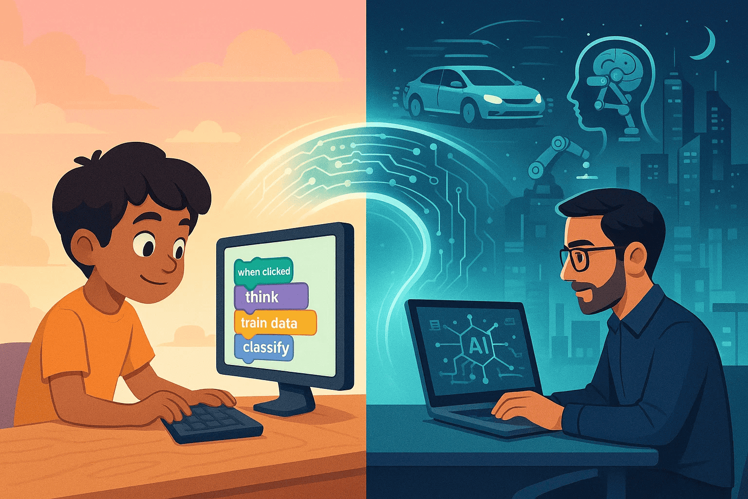 Split illustration: a boy coding on a sunny day connects to a man working on AI at night, showing technology's evolution.