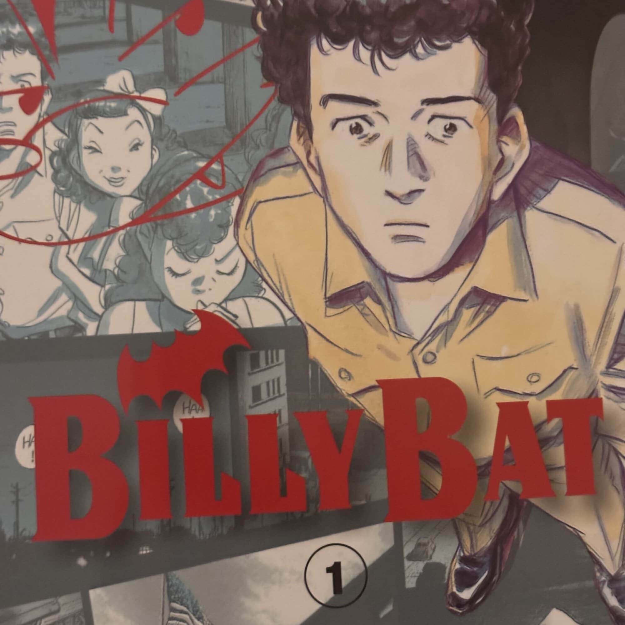 Maquette de jeu vidéo Billy Bat avec personnages de style manga et éléments d'action, mise en valeur pour la promotion de jeux vidéo immersifs et interactifs.