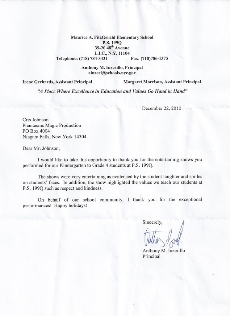 testimonial letter for primary elementary and middle school assembly performer Cris Johnson