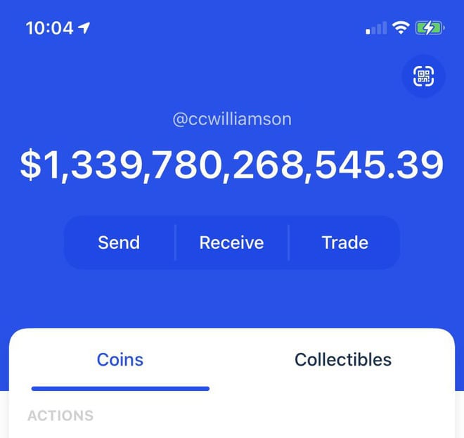 Coinbase verifies the event of a pupil with $ 1.339 billion in coins in his pocket 2 Chris Williamson's wallet account on Coinbase shows a balance of over $1.3 trillion. Photo: Chris Williamson.