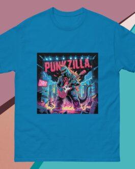 Punkzilla graphic tee. Godzilla-inspired punk rock shirt. A Godzilla-like monster playing a guitar on stage with "Punkzilla" banner. Anarchy symbol on the monster's jacket. Buy this cool graphic tee and show off your love for punk rock and monster movies!