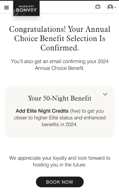 Marriott Annual Choice Benefit: What to Pick at 50 and 75 Nights 3 Confirmation