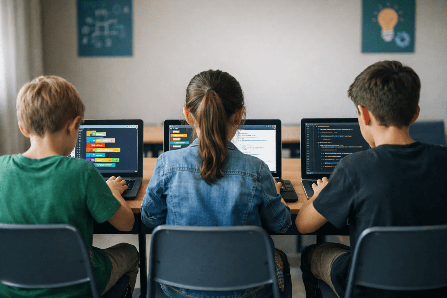 Three children viewed from behind, sitting side by side and focused on coding on laptops showing block-based and text-based programming in a classroom.