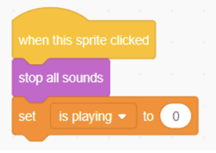 Scratch code that stops all sounds and sets the is playing variable to zero when the sprite is clicked