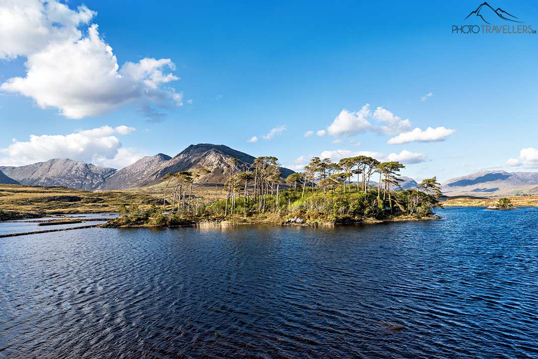Eine Insel im See vor Bergen am Island Viewpoint, Irland