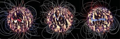 Unsere Sonne ist ein ganz normaler sonnenähnlicher Stern 4 Abb.: Die drei Bilder zeigen einen Ausschnitt aus den magnetohydrodynamischen Simulationen der Forscher. (Bild: A. Strugarek et al. / AAAS)