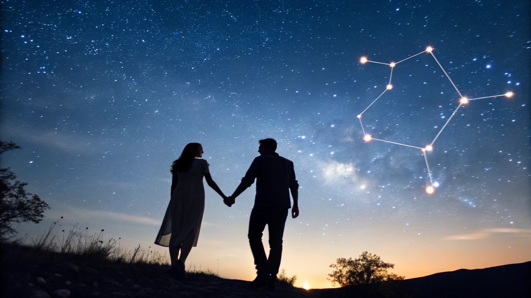 Un couple sous un ciel étoilé avec une constellation de zodiaque éclatante