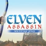 Elfe chasseuse avec arc dans un paysage fantastique pour jeu vidéo Elven Assassin, mise à jour du mode PvP, héros elfique, action d'aventure dans un décor médiéval fantastique pour jeux en ligne.