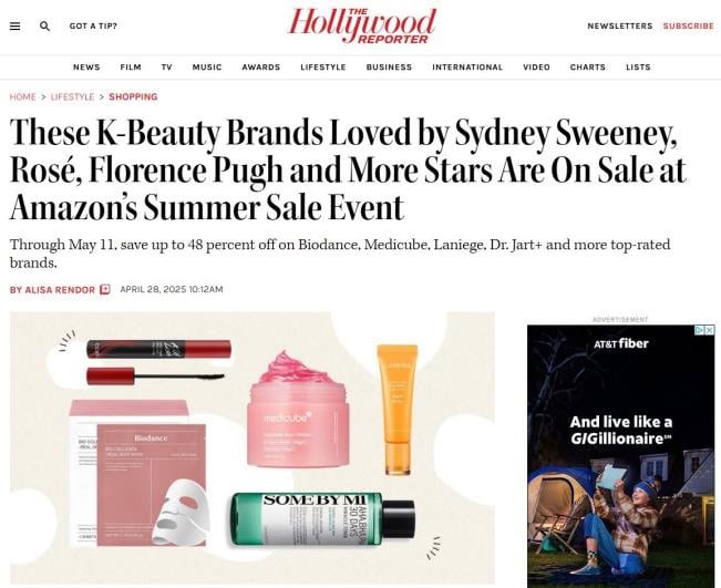 Screenshot of Hollywood Reporter article featuring K-beauty brands loved by Hollywood stars
