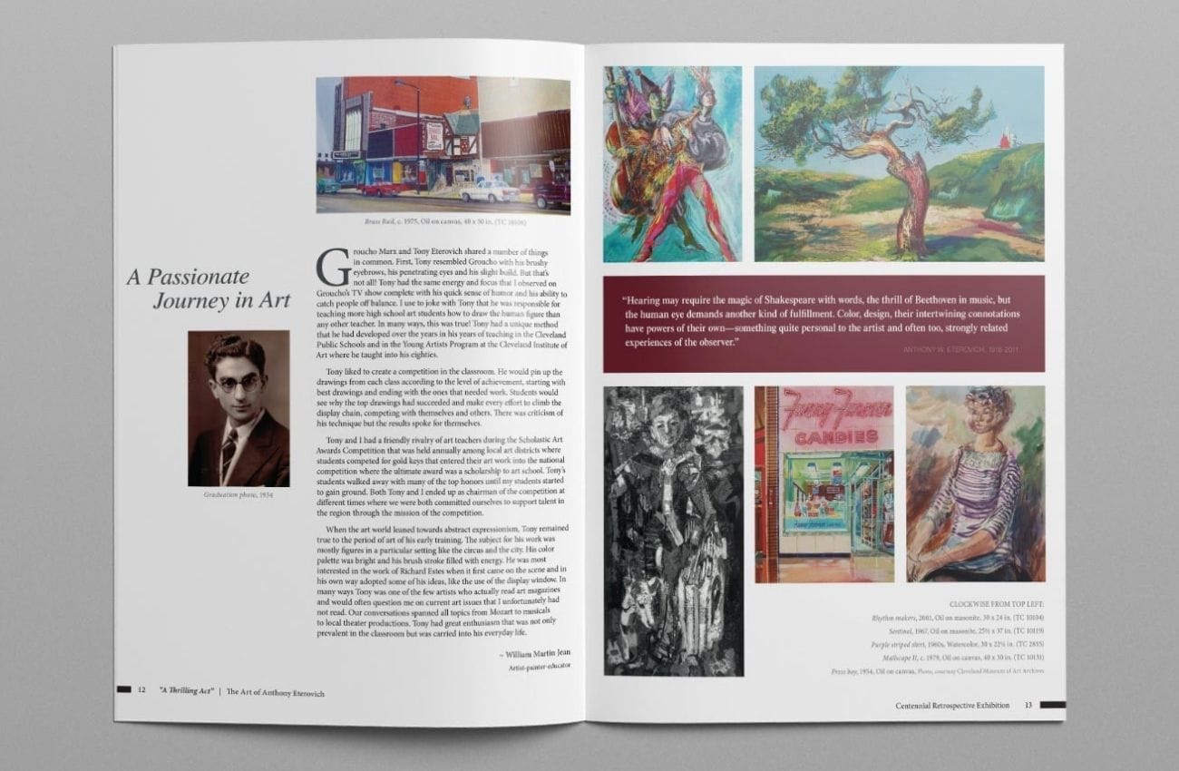 Art retrospective brochure with various artworks showcased