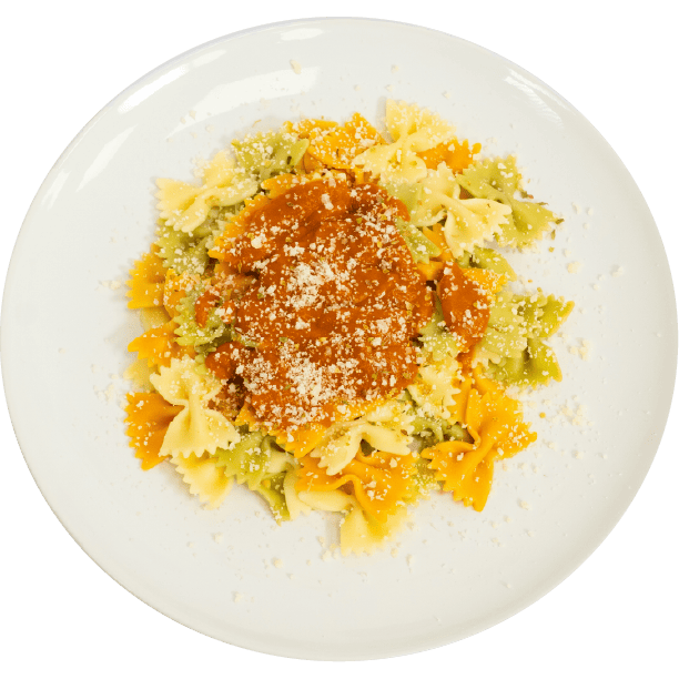 Ein weißer Teller mit Pasta.