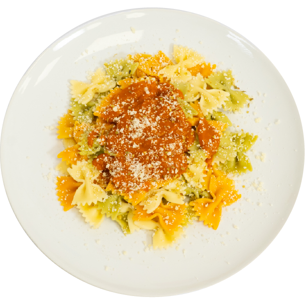 Ein weißer Teller mit Pasta.