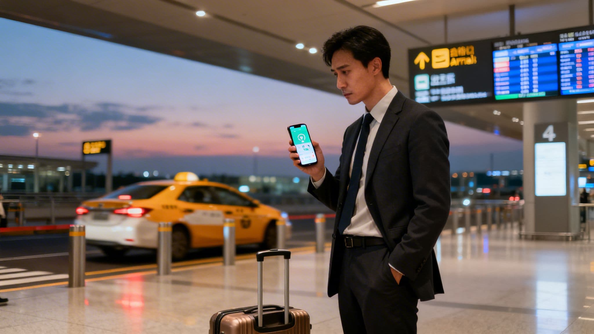 Executive Car Service Near Me: 5 Critical Reasons to Ditch On-Demand Apps 1 A businessman checks his phone for a ride-sharing app at the airport with a taxi outside.