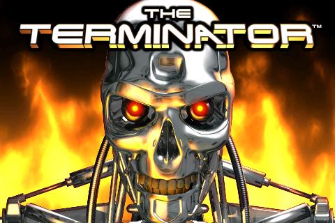 Un Terminator avec un crâne en métal brillant et des yeux rouges effrayants, en fond feu ardent, symbole emblématique de jeux vidéo et science-fiction.