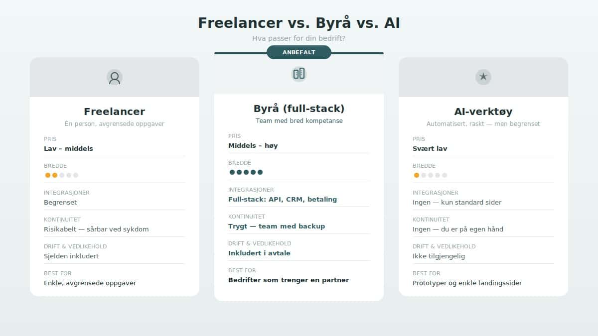 Nettside utvikler — slik velger du riktig partner for bedriften i 2026 3 freelancer byraa ai sammenligning