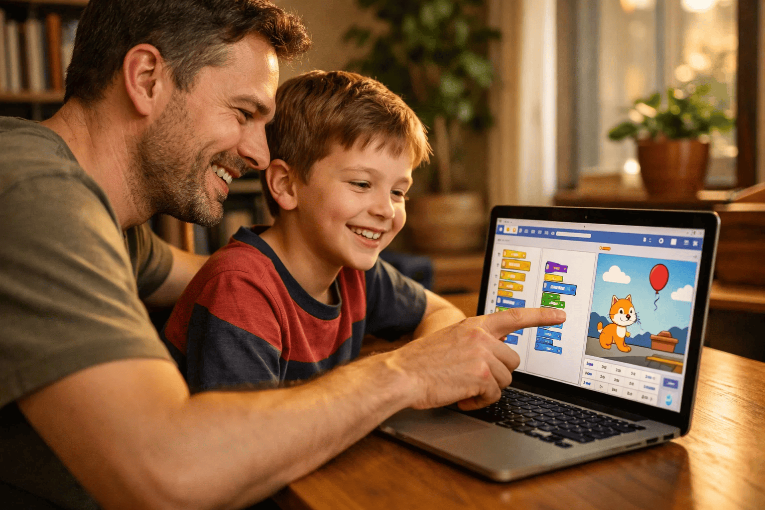 Parent and child working together on a Scratch coding project at a home desk, showing a supportive learning environment.
