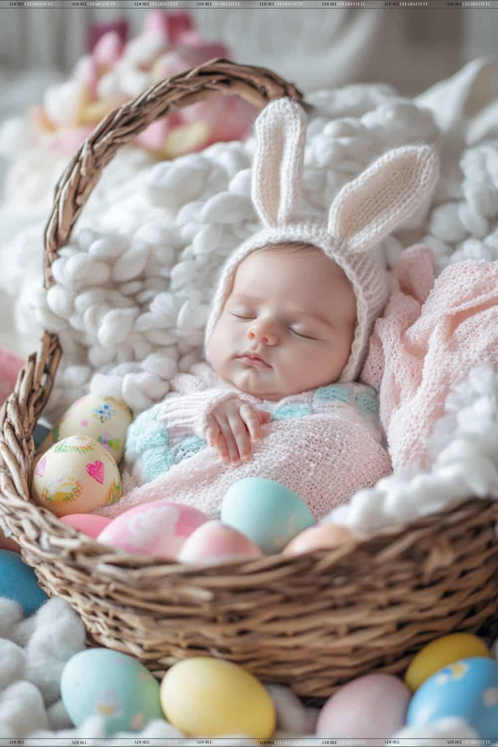 newborn baby sleeping in an easter basket.