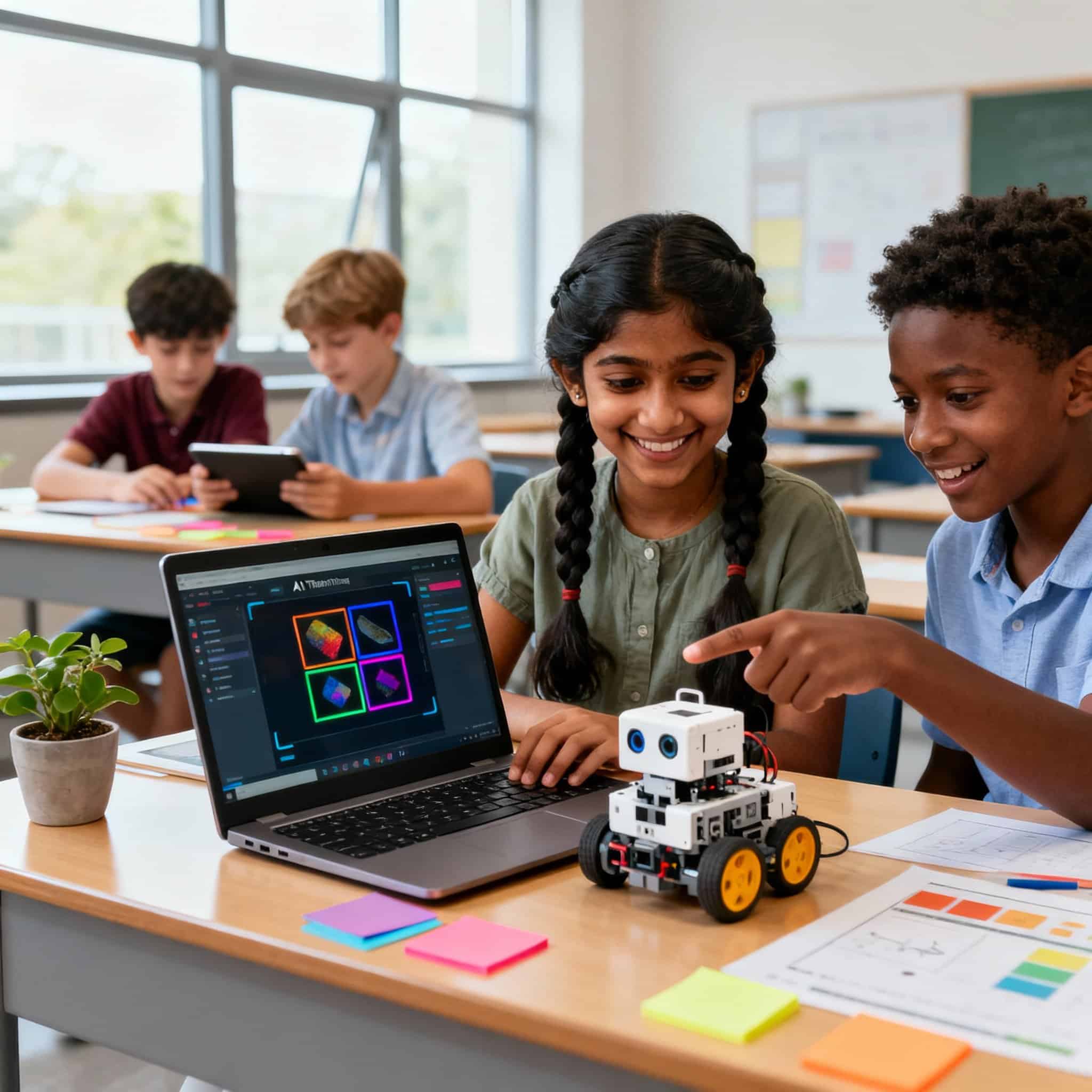 Diverse children learning AI coding on laptops in bright modern classroom with educational robot, demonstrating why AI education is important for kids