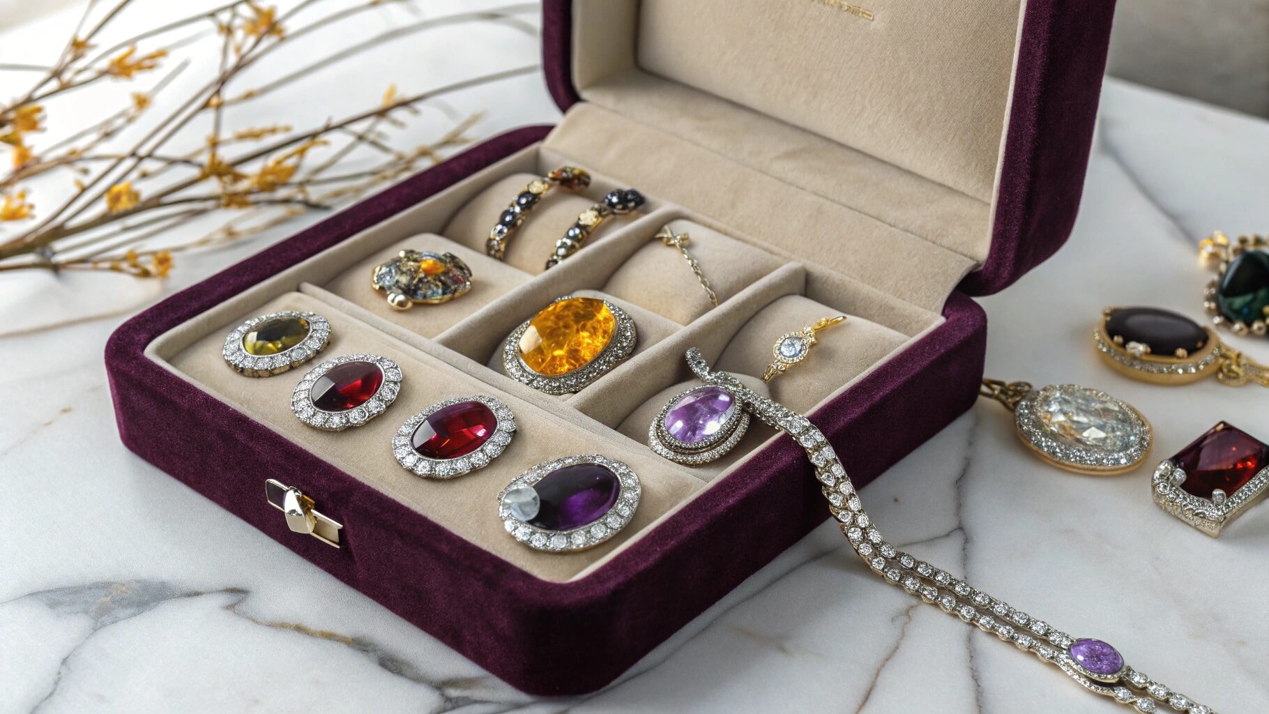 विभिन्न रत्नों के टुकड़ों से युक्त आभूषण बॉक्स, 19 जनवरी राशि के तहत जन्म लेने वालों के लिए आदर्श है।