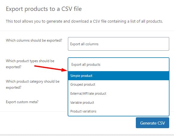 select Product type in export form
