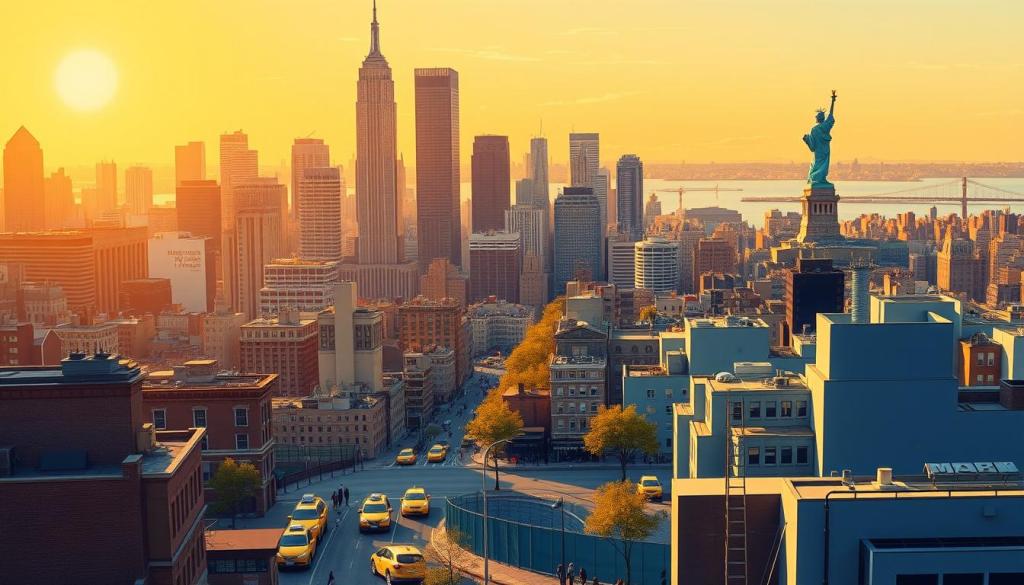 A vibrant cityscape of New York City, bathed in warm, golden afternoon light. In the foreground, the iconic skyline of Manhattan, with the towering skyscrapers of Wall Street and the Financial District. In the middle ground, a bustling street scene, with yellow cabs, pedestrians, and the energy of the city. In the background, the tranquil waters of the Hudson River, with the majestic Statue of Liberty standing tall on the horizon. The scene conveys a sense of opportunity, ambition, and the pursuit of a successful career, capturing the essence of "Karrierestart in New York" for Maurice Bohlen. A vibrant cityscape of New York City, bathed in warm, golden afternoon light. In the foreground, the iconic skyline of Manhattan, with the towering skyscrapers of Wall Street and the Financial District. In the middle ground, a bustling street scene, with yellow cabs, pedestrians, and the energy of the city. In the background, the tranquil waters of the Hudson River, with the majestic Statue of Liberty standing tall on the horizon. The scene conveys a sense of opportunity, ambition, and the pursuit of a successful career, capturing the essence of "Karrierestart in New York" for Maurice Bohlen.