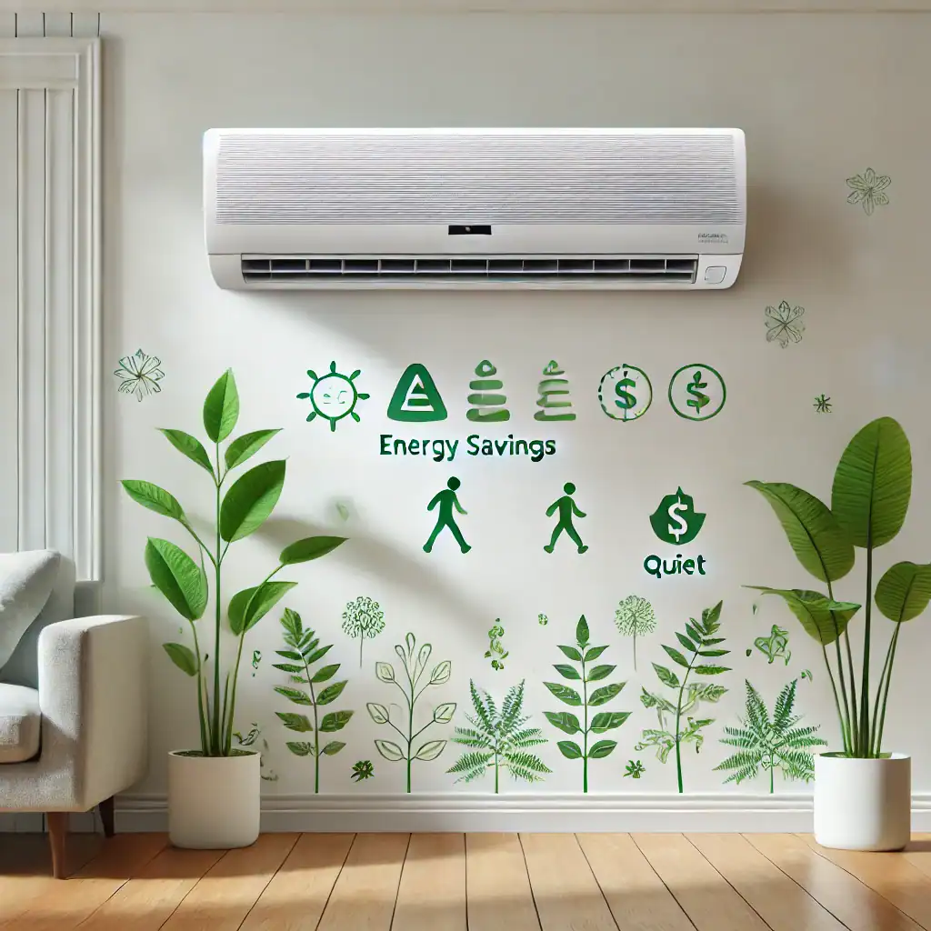 Energy-efficient inverter air conditioner in a bright, eco-friendly room setup.