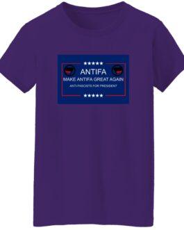 Purple t-shirt with a rectangular design featuring "Antifa" in bold white letters, the Antifa symbol, and the slogan "Make Antifa Great Again" and "Anti-Fascists for President.