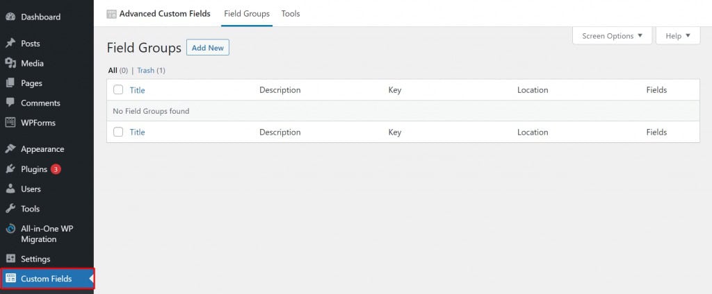 Select Field Groups page in custom fields menu
