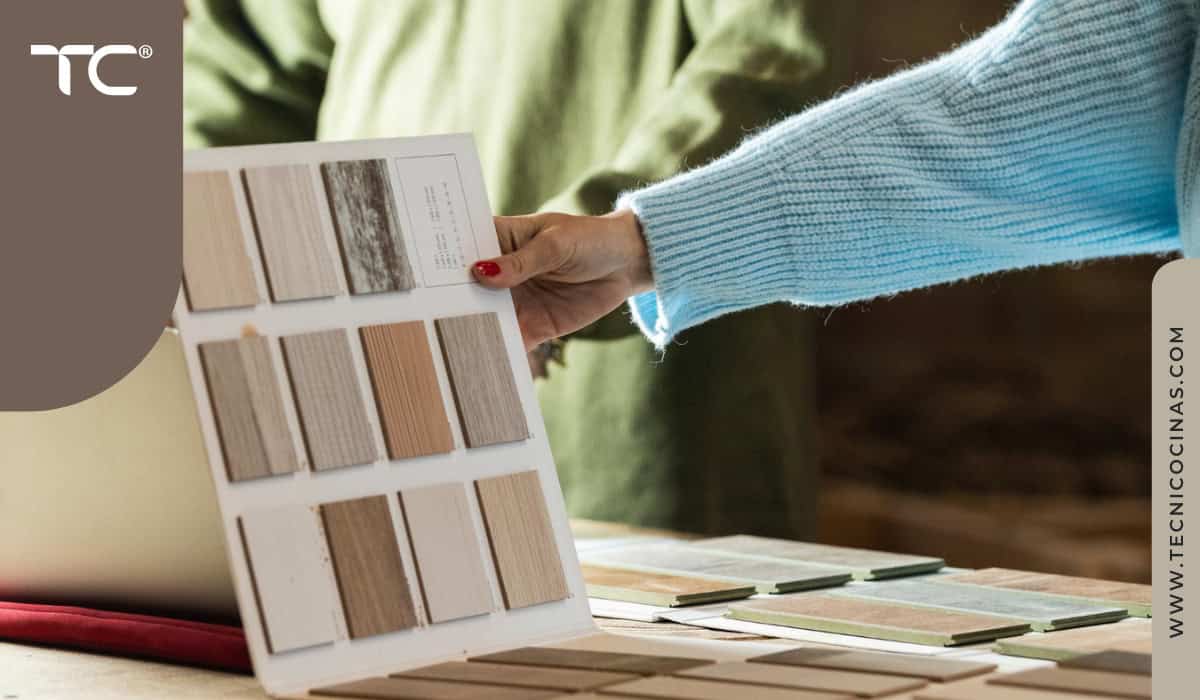 Muestras de materiales para mesones de cocinas modernas