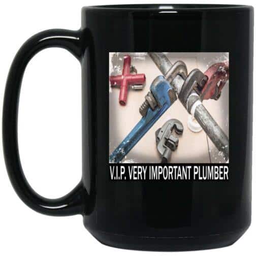 1066-10182-107814637 Black 15oz ceramic coffee mug featuring a "V.I.P. Very Important Plumber" design with plumbing tools. A funny plumber mug, perfect as a plumber gift idea.
